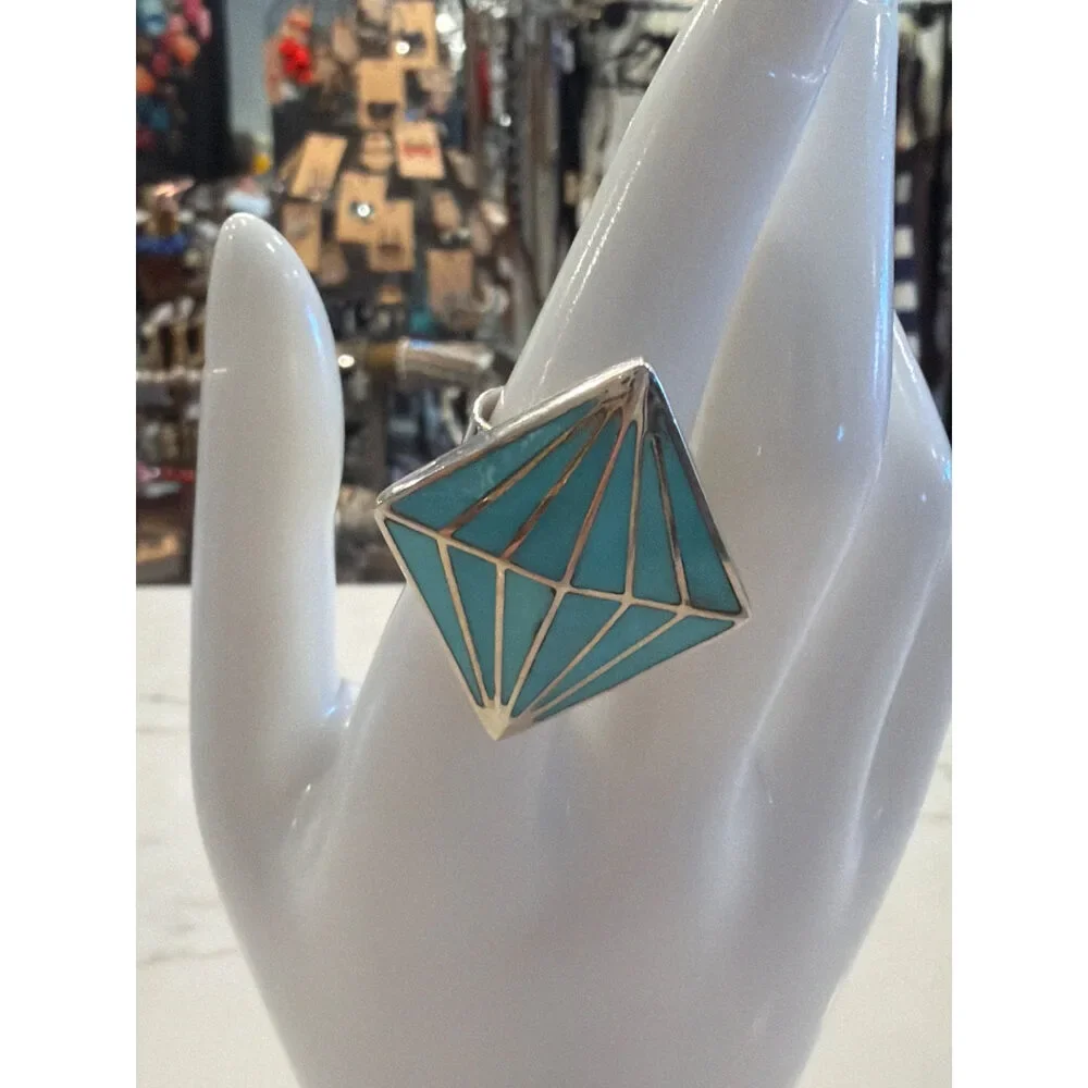 Sterling Silver Turquoise Inlay Statement Ring Geometric Diamond Size 7